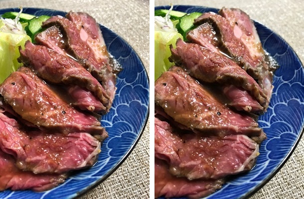 【左が8 Plus、右が7】ローストビーフを撮り比べてみると、左では肉のつややかさと赤みが際立っているのがわかります