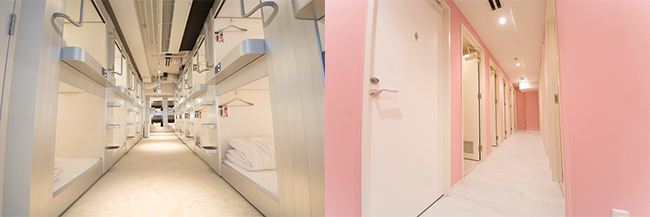 左：明るくクリーンなユニットルーム。右：シャワールームのエリアもピンクと白