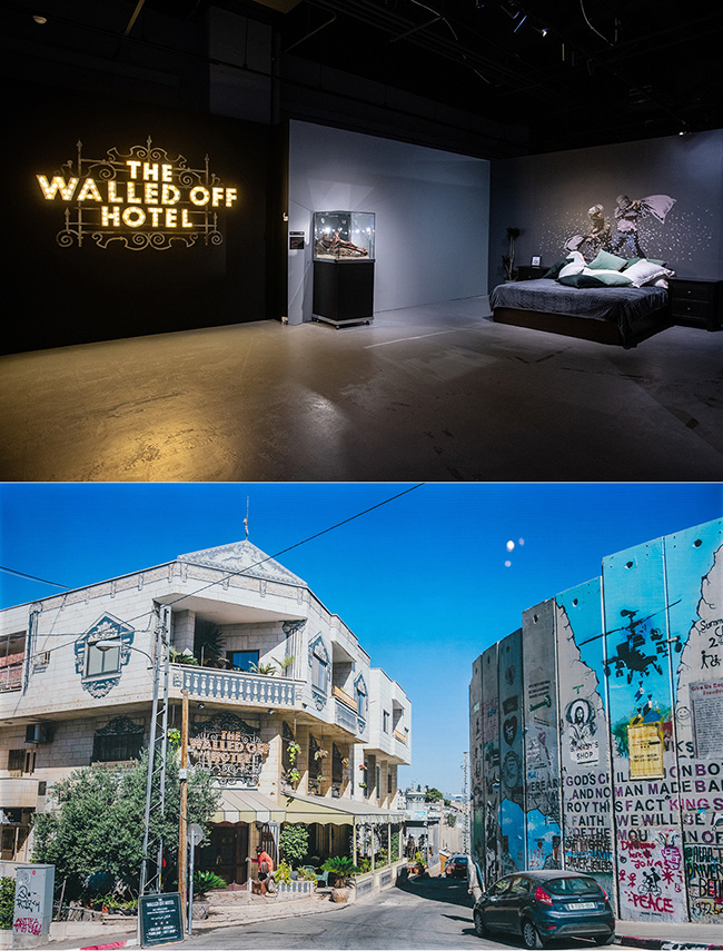 2017年にイスラエルとパレスチナ自治区内の分離壁の近くにバンクシーがオープンさせた“世界一眺めの悪いホテル”こと『ザ・ウォールド・オフ・ホテル』。10の客室とギャラリー、同地域の歴史をたどる博物館などがあり、20点を超えるバンクシーの作品なども展示されています。