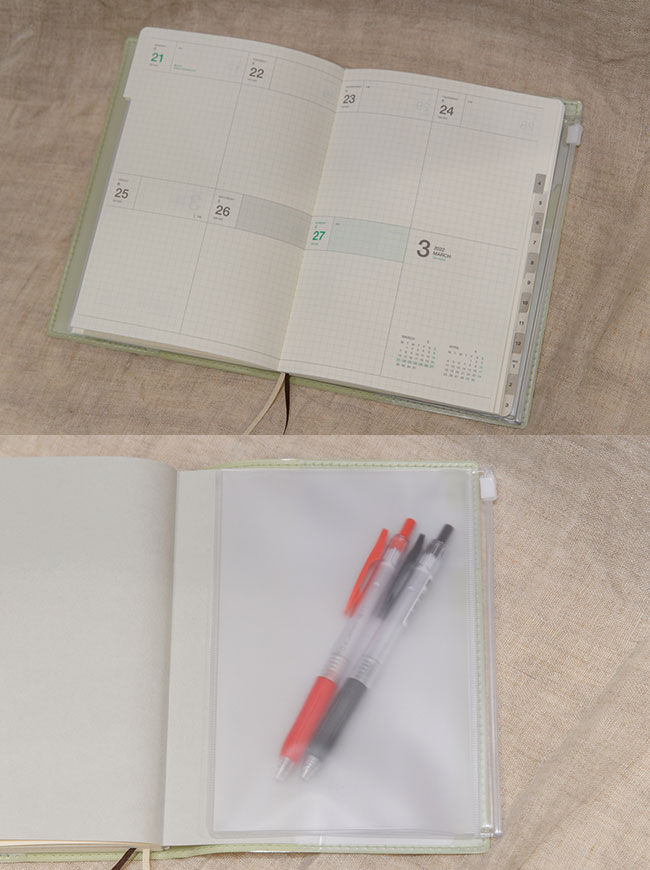 ウィークリーページはブロックフォーマットになっているので、時間管理をするよりメモや日記を記入するのに適しています。付属のカバーにはジップ付きのクリアポケットが付いており、ペンや名刺、チケットなど小物の持ち運びにも便利と、機能面がとにかく充実。